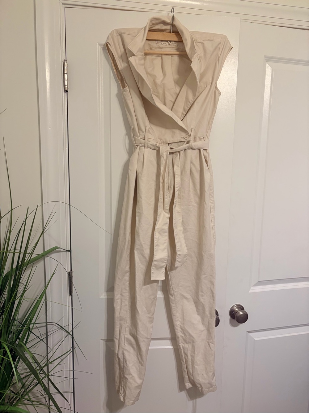 Anthropologie Sleeveless Tie-Waist Jumpsuit in Cream